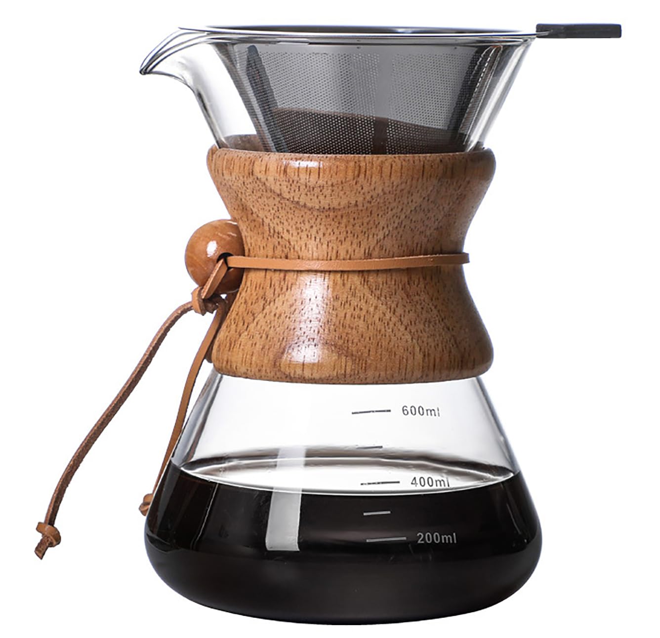 COFISUKI Pour Over Coffee Maker with Reusable Stainless Steel Drip Filter Lead-Free Borosilicate Glass Coffee Carafe with Modern Wooden Collar for 1-4Cup Circular Clear (600ml/20oz)