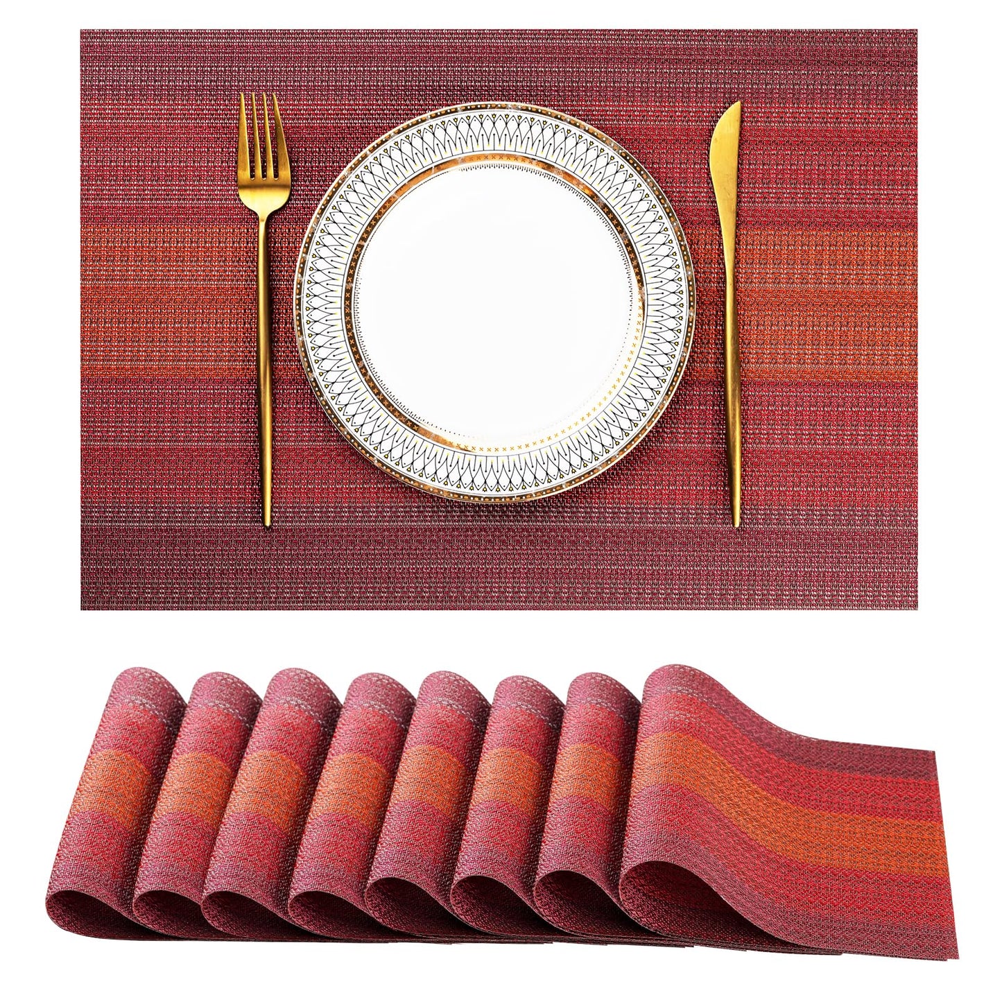 Placemats Set of 8 Washable Indoor/Outdoor Vinyl Place Mats for Dining Table PVC Weave Table Mats(Red Gradient)