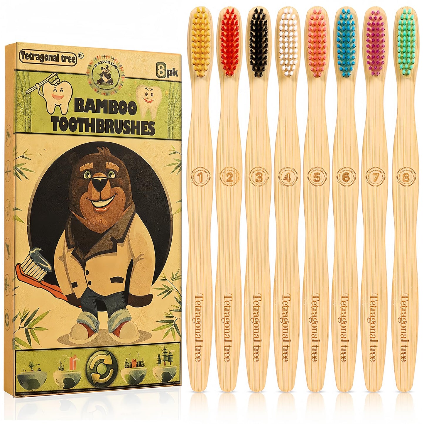 Tetragonal tree 8 Count Bamboo Toothbrushes - BPA Free Soft Bristles Natural Toothbrush Set - Biodegradable & Compostable Eco-Friendly Wooden Toothbrush