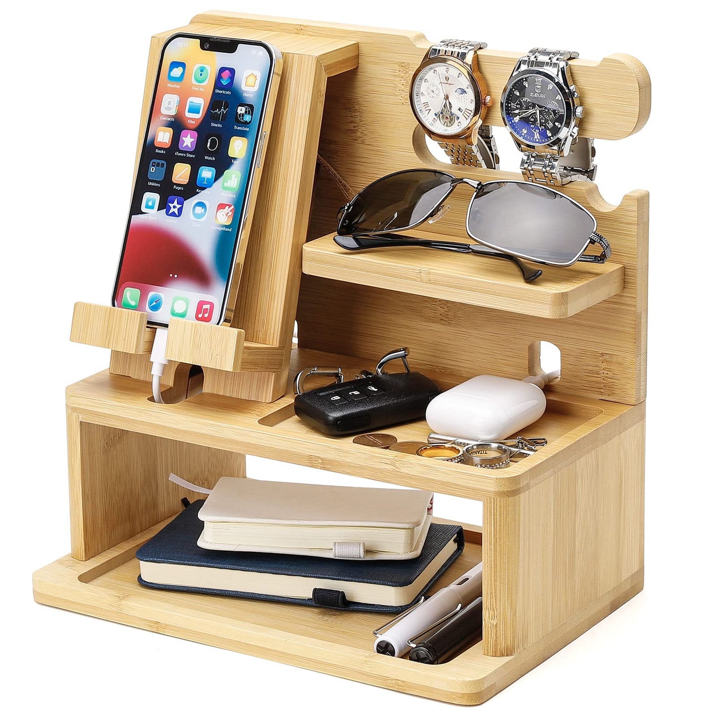 Homde Charging Station Bamboo Docking Nightstand Organizer Storage for Mobile Cell Phone Smartwatch Keys Laptop Tablet Electronic Accessories Gift for Men Women Father Husband