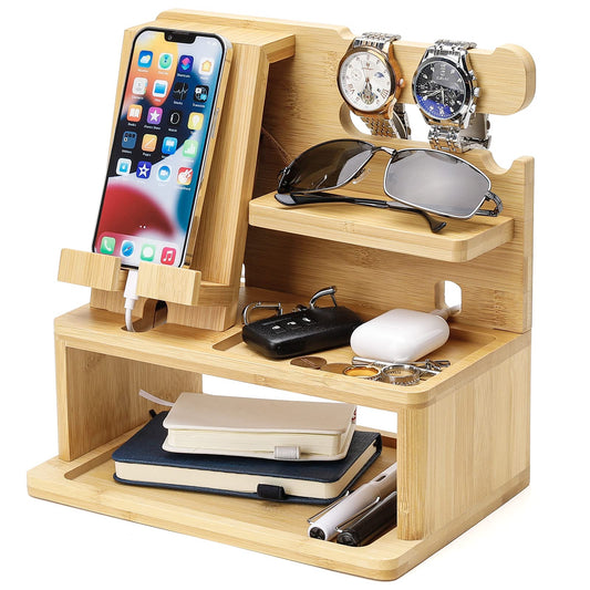Homde Charging Station Bamboo Docking Nightstand Organizer Storage for Mobile Cell Phone Smartwatch Keys Laptop Tablet Electronic Accessories Gift for Men Women Father Husband