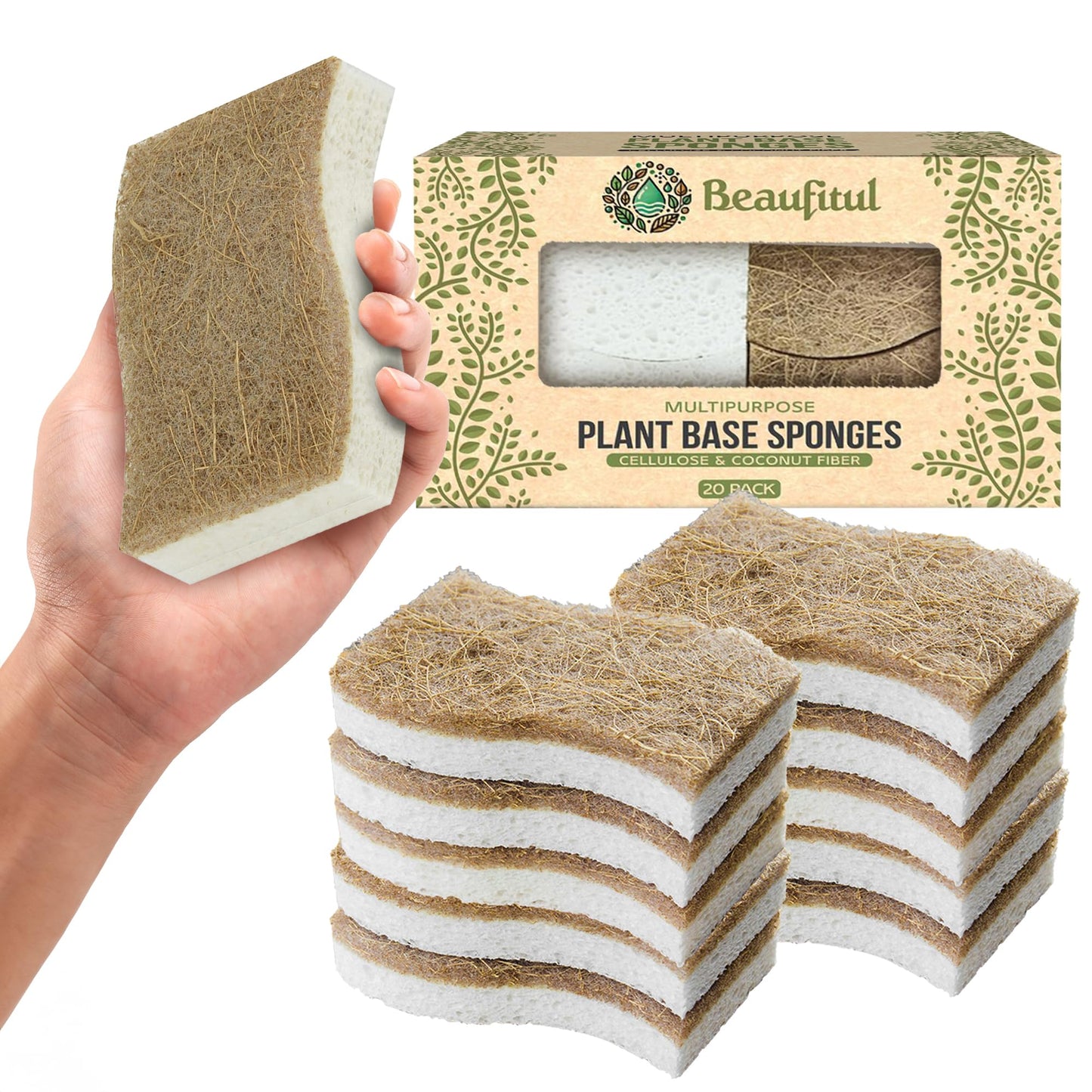 BEAUFITAL 20 Count Non-Scratch Natural Kitchen Sponge Biodegradable Compostable Cellulose Coconut Scrubber Eco Friendly Sponges for Dishes Non-Stick Cookware Bathroom Heavy-Duty Cleaning