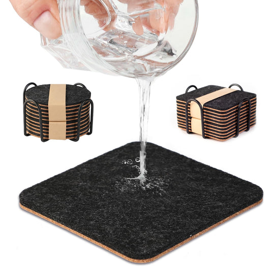 Absorbent Felt Cork Coasters for Drinks with Holder Large Absorbing Felt Coasters with Cork Back Quickly Absorbs Condensation Black Felt & Cork Coasters for Tabletop Protection Set of 10(Square)