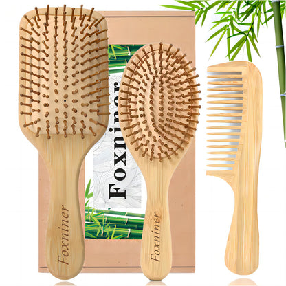 Foxniner Bamboo brushbamboo hair brushwooden hair brushEco Friendly Paddle Hairbrush for Women Men and Kids Make Thin Long Curly Hair Health and Massage Scalp· (-Bamboo Hair Brush Set+1xcomb)