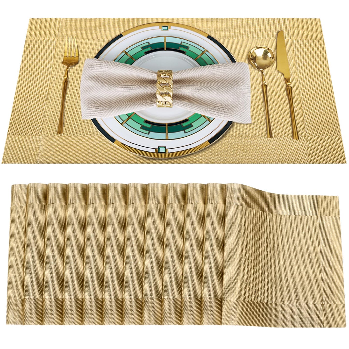 Uolr Table Mats Set of 12 Gold Washable& Wipeable Plastic Placemats for Kitchen Indoor Outdoor Heat Resistant Non Slip Woven Vinyl Table Placemats Protect Dining Table Place mats (Gold)