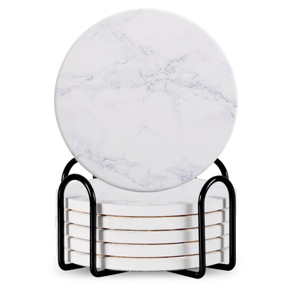 Set Of 6 Beverage Coasters With Stand Round 4in Ceramic Coaster With Metal Stand Absorbent Marble Stone Coaster With Cork Base