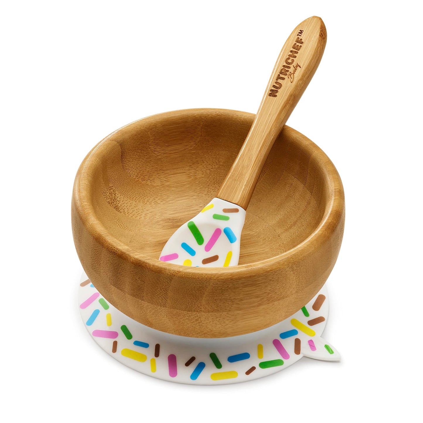 NutriChef Bamboo Baby Feeding Bowl - Wooden Infant Toddler Dish and Spoon Set w/Silicone Suction Base for Stay Put Eating For Children Aged 4-72 Months (Sparkle)