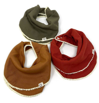 Kishu Baby Indi Girls Pom Pom Bibs - Luxuriously Soft 100% Organic Cotton Muslin Exclusive of Trim - Fairtrade & GOTS Certified Organic Drool Bib with Snaps (Indi Blue Sage Antique Pink)