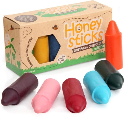 Honeysticks 100% Pure Beeswax Crayons (12 Pack) - Non-Toxic Crayons Safe for Babies and Toddlers For 1 Year Plus Handmade in New Zealand with Natural Beeswax and Food-Grade Colors Eco-Friendly.