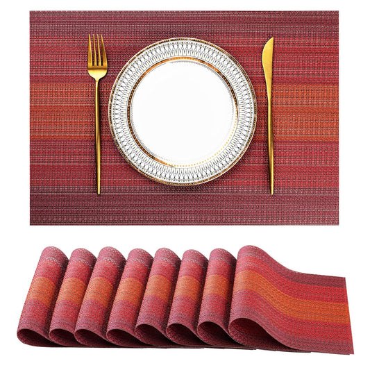 Placemats Set of 8 Washable Indoor/Outdoor Vinyl Place Mats for Dining Table PVC Weave Table Mats(Red Gradient)