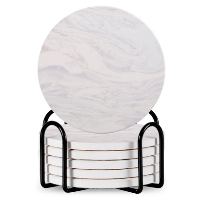 Set Of 6 Beverage Coasters With Stand Round 4in Ceramic Coaster With Metal Stand Absorbent Marble Stone Coaster With Cork Base