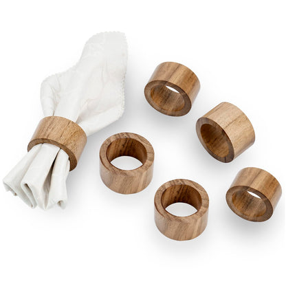 MyGift Rustic Natural Solid Acacia Wood Rings for Cloth Dinner Napkins Decorative Napkin Holders for Dining Serviettes Set of 6 - Handcrafted in India